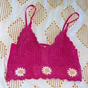 Hot pink/white flowers, yarn knitted crop top